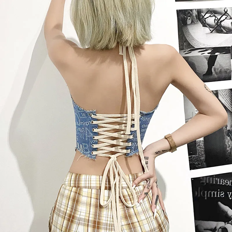 21 ALPHABET Lace Up Crop Top