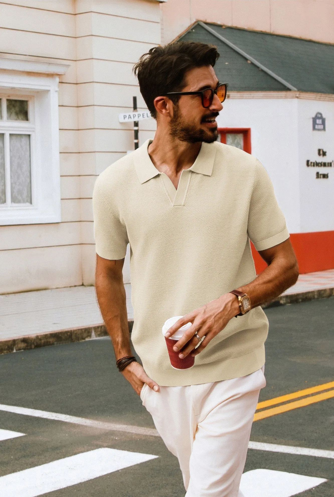 Men Pineapple Textured Polo-Shirt Short Sleeve Lapel Collar Knitwear Tops
